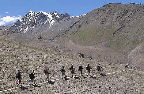 Trekking towards Stok Kangri base camp, with the mountain in the background