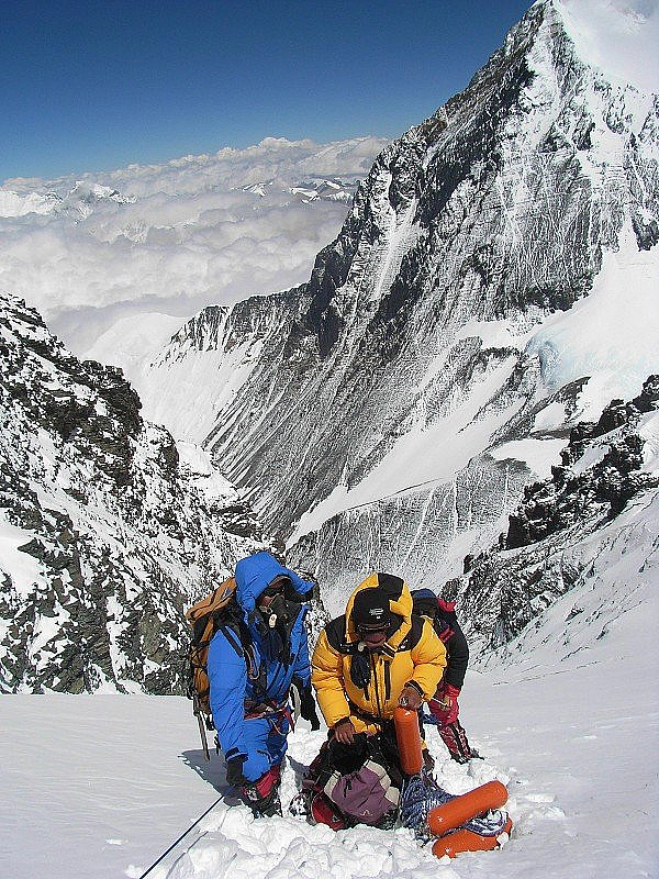 High on Lhotse with the SW face and SE Ridge of Everest visible behind